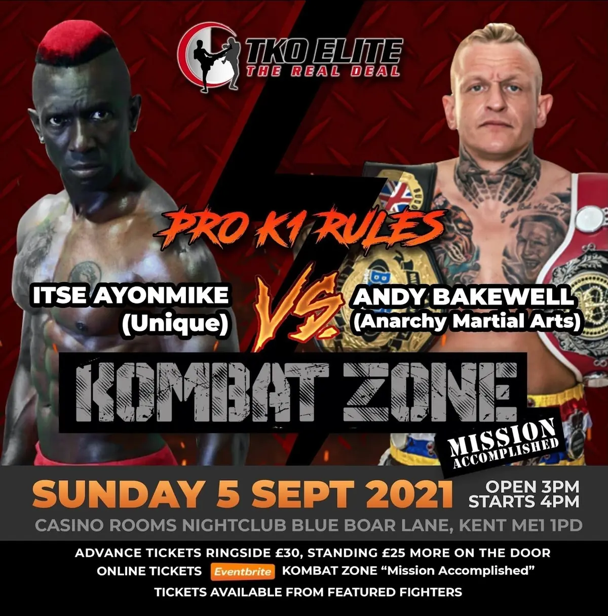 Pro K1 rules fight poster featuring Itse Ayonmike at Kombat Zone