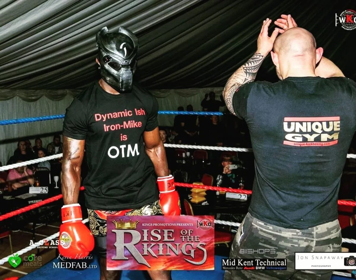Itse Ayonmike in his signature mask before a Rise of the Kings kickboxing bout